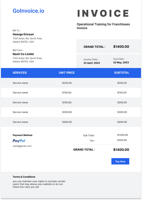 Operational Training for Franchisees Invoice