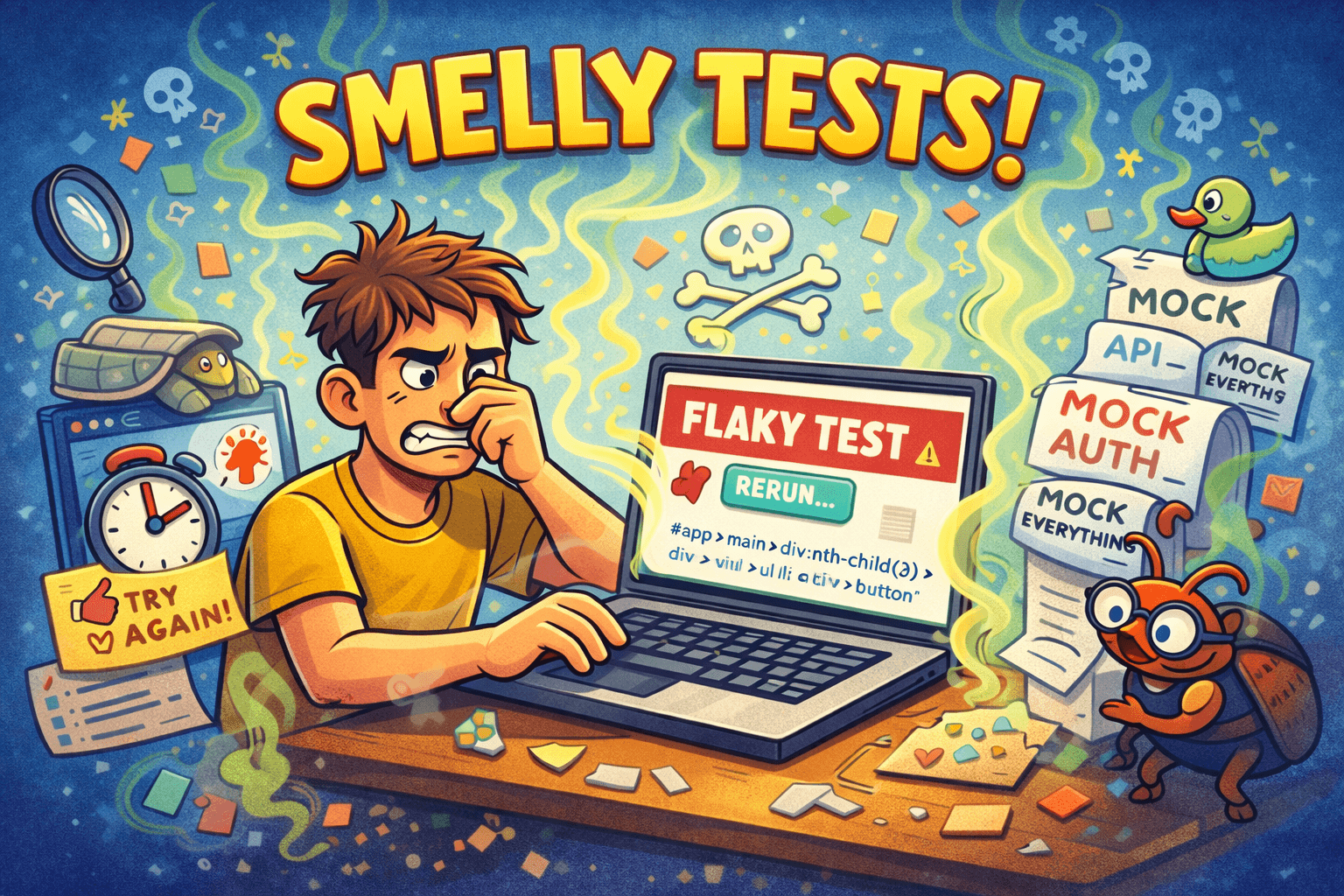 smelly tests - flaky results with re-run and too many mocks