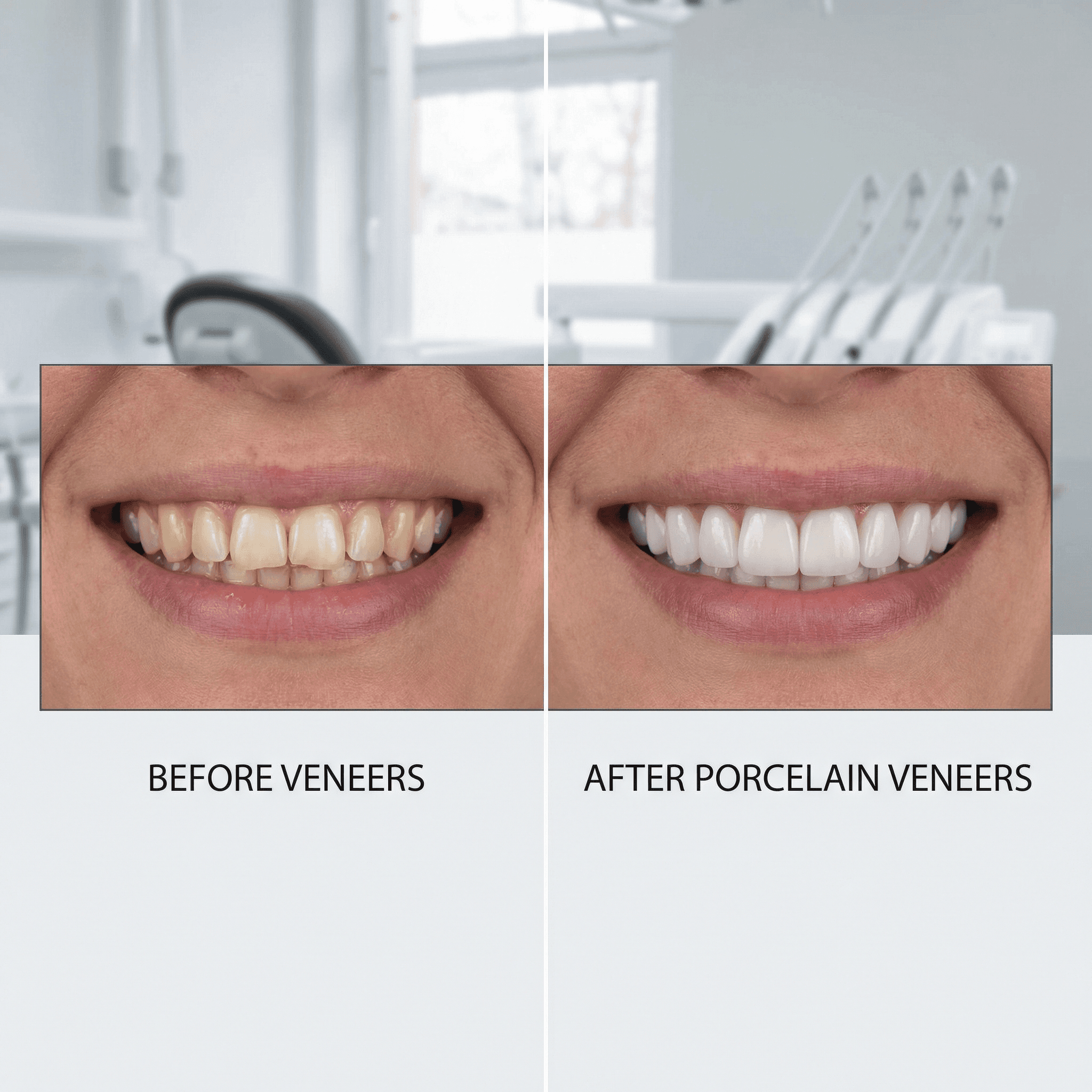 Before and after veneer treatment showing dramatic smile improvement from stained imperfect teeth to perfect porcelain veneers