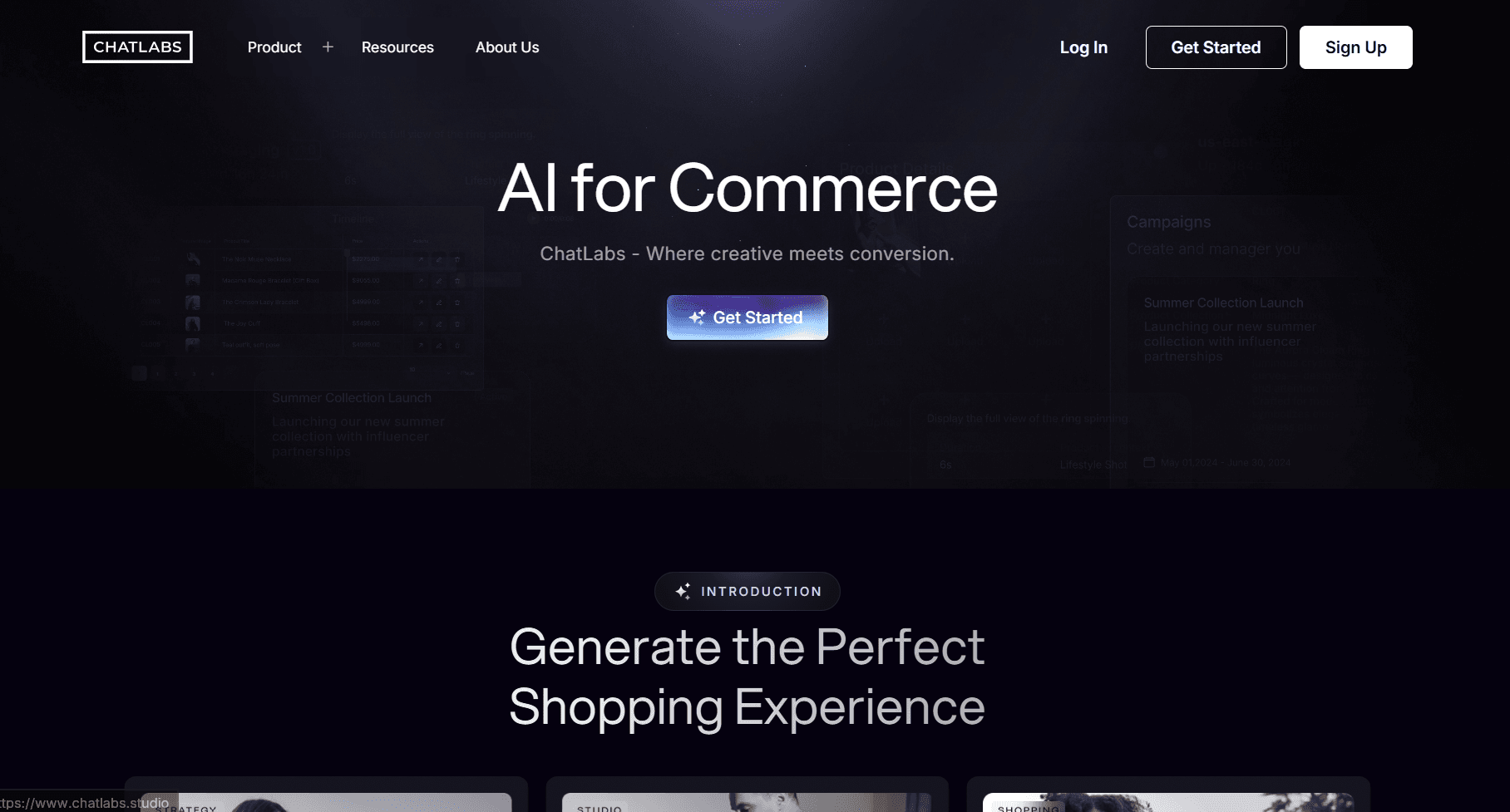 ChatLabs home screen with the title “AI for Commerce,” the “Get Started” button, and a section below about creating the perfect shopping experience with AI.