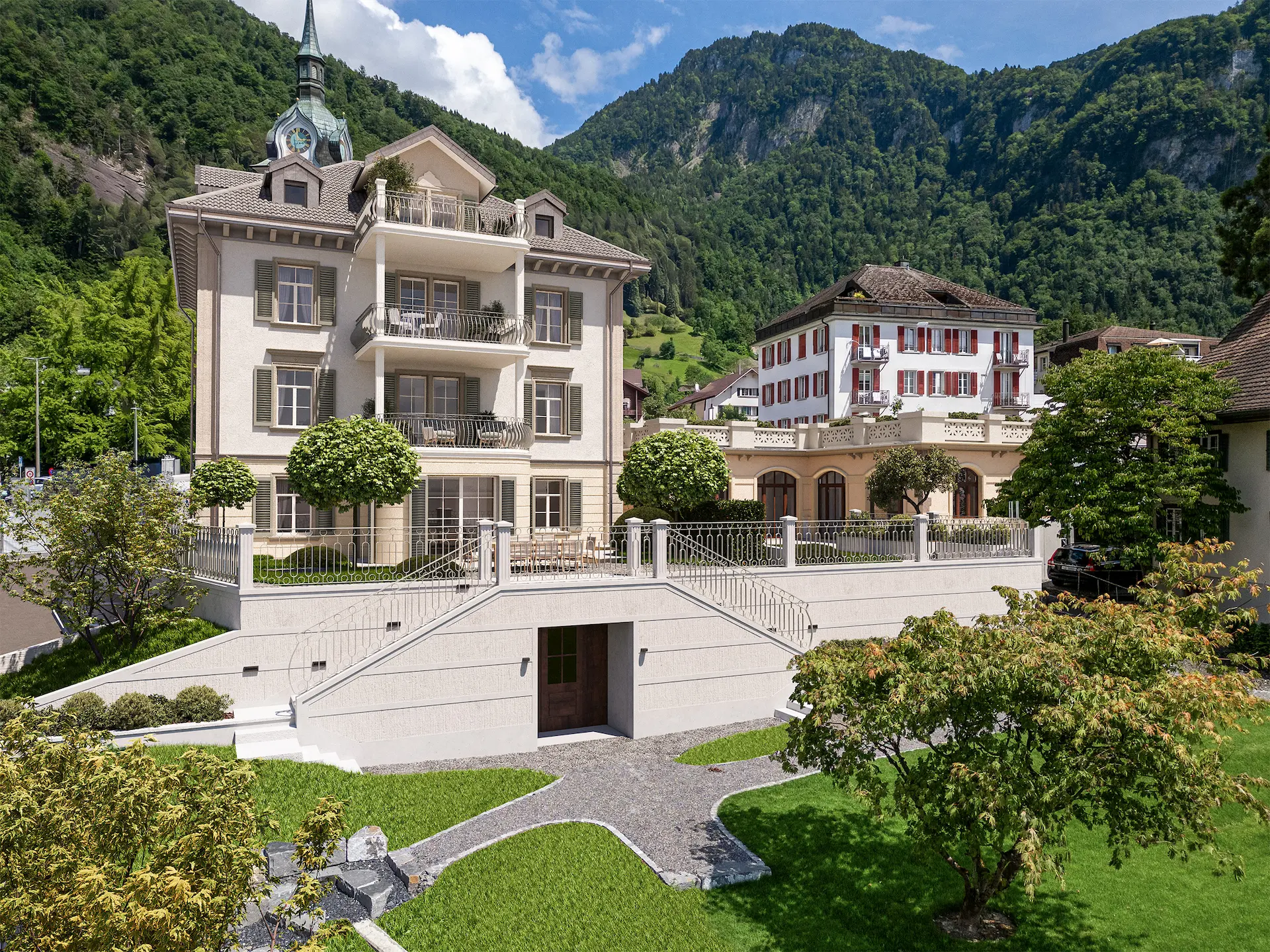 Visualisierung eines historischen Architekturgebäudes mit grosszügigem Garten im Vordergrund.