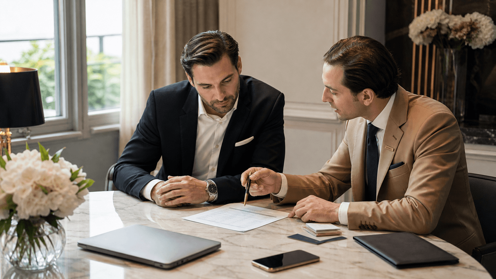 Concierge de luxe et client consultent un budget sur table en marbre, montrant le coût.