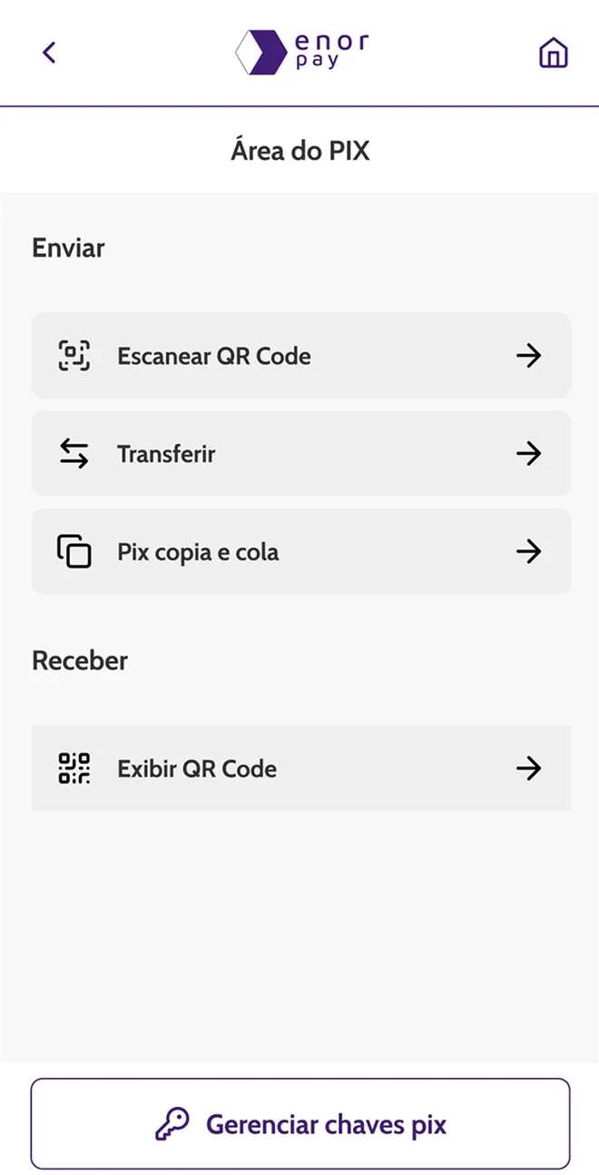 Tela da área PIX da Enor Pay com opções de escanear QR Code, transferir, copiar e colar, e exibir QR Code.