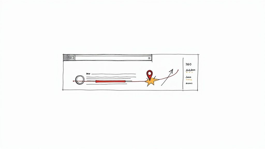 Hand-drawn sketch of a dashboard showing a timeline, map pin, growth chart, and user ratings.