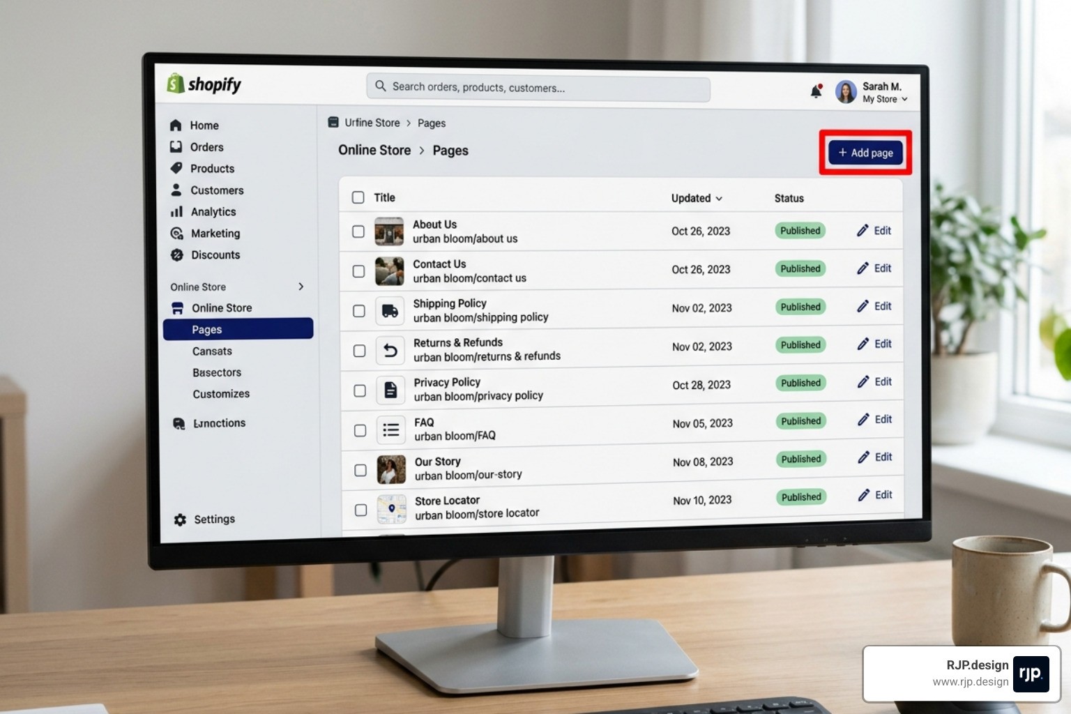 The Shopify admin Pages interface showing the list of existing pages and the Add Page button