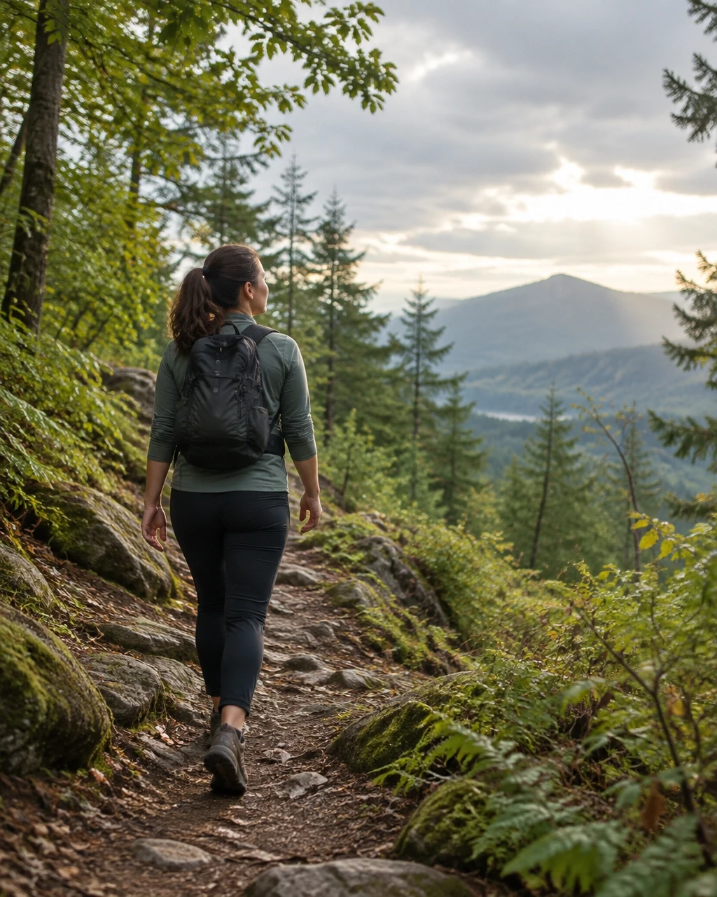 A woman walking steadily uphill on a wooded trail toward a distant ridge
