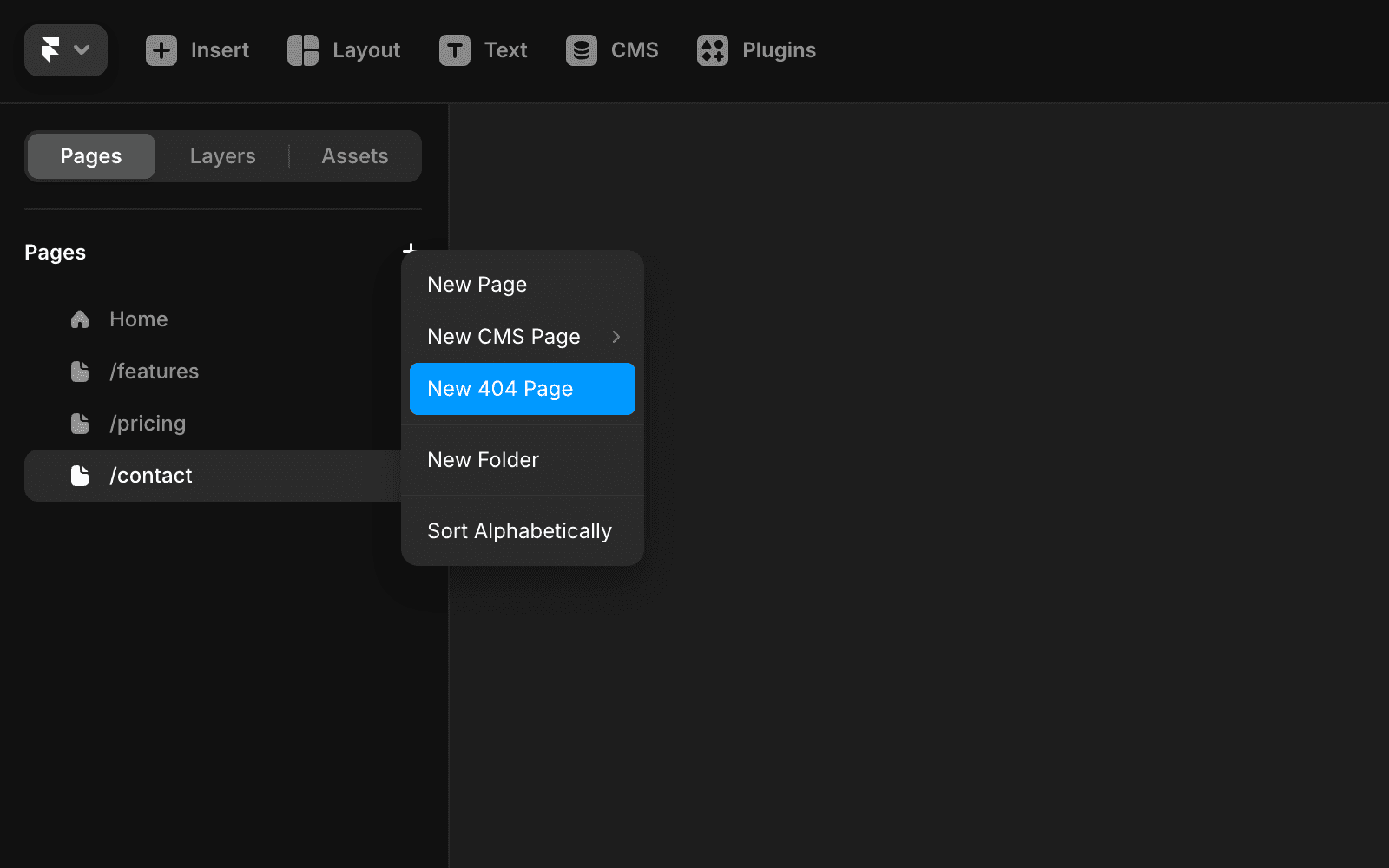 A dark-themed web design interface showing a page management panel. The left side lists available pages, including Home, Features, Pricing, and Contact. A context menu is open with options such as New Page, New CMS Page, New 404 Page (highlighted), New Folder, and Sort Alphabetically.