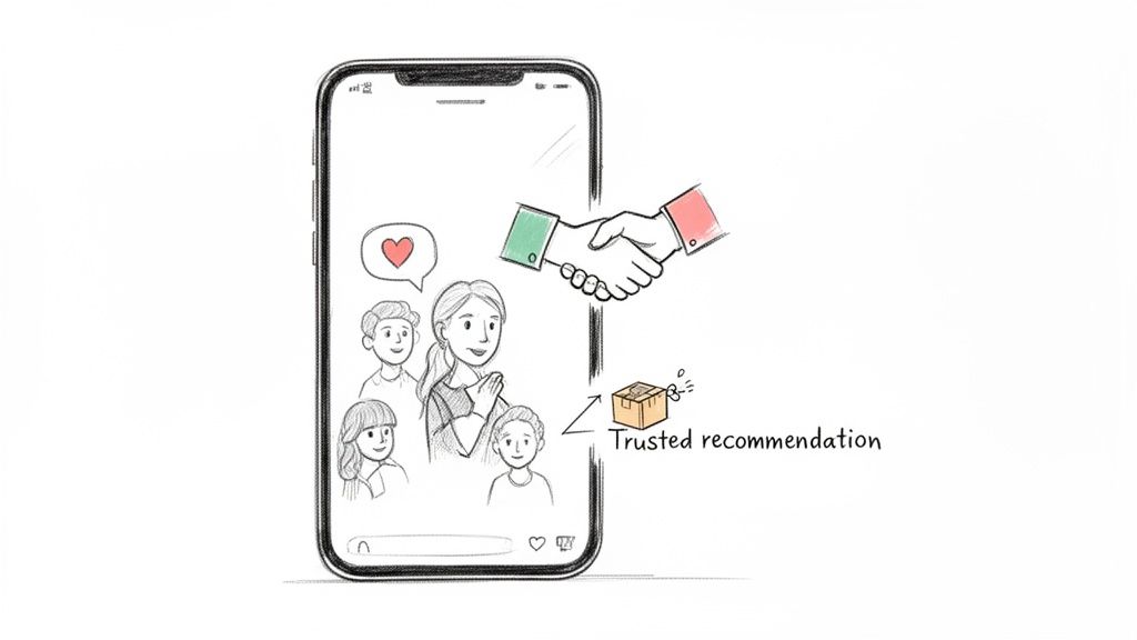 Illustration of a smartphone screen showing people, a heart, and a handshake over a 'Trusted recommendation' box.