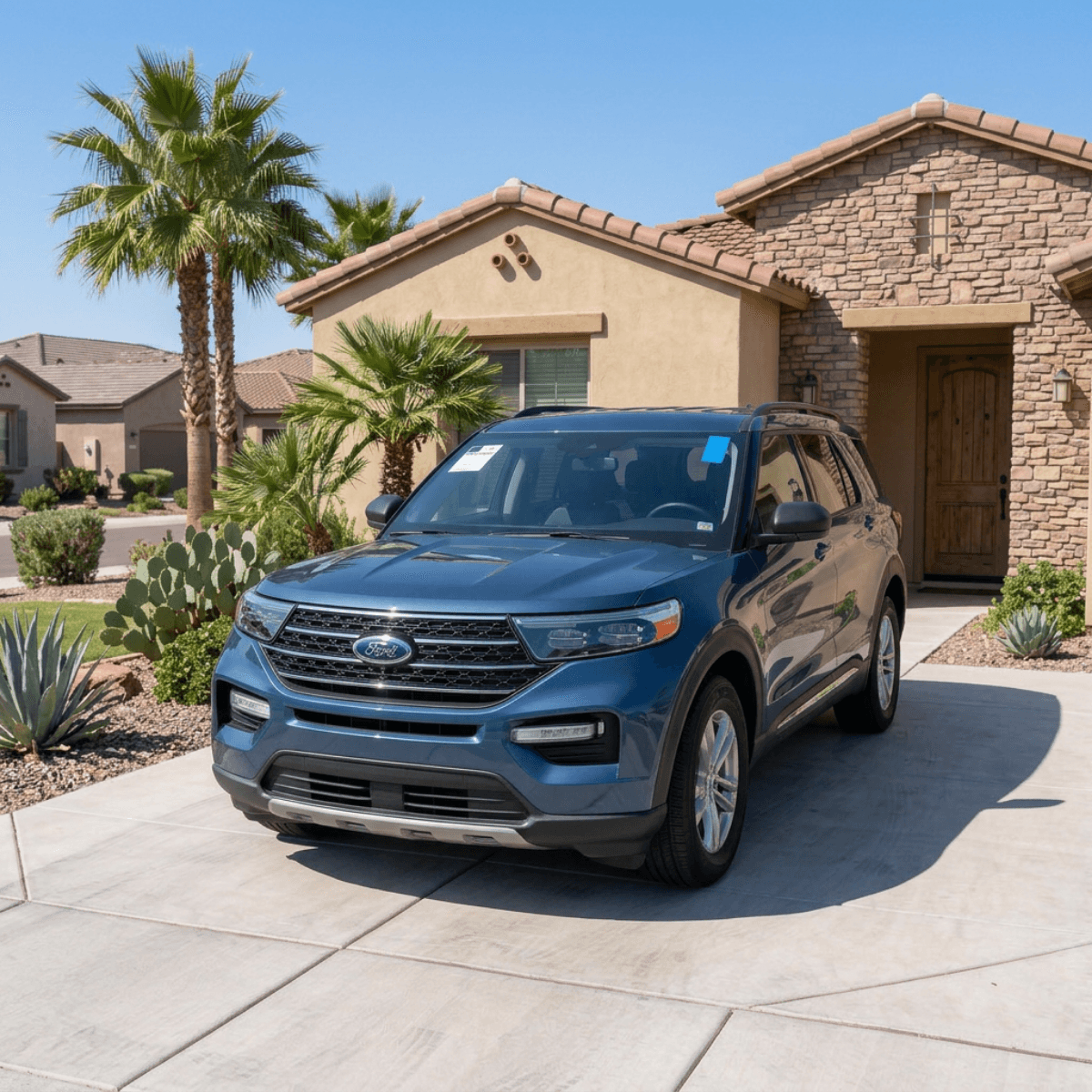Gray Ford Explorer with a crystal-clear replacement windshield outside a Lake Havasu City, AZ stucco home