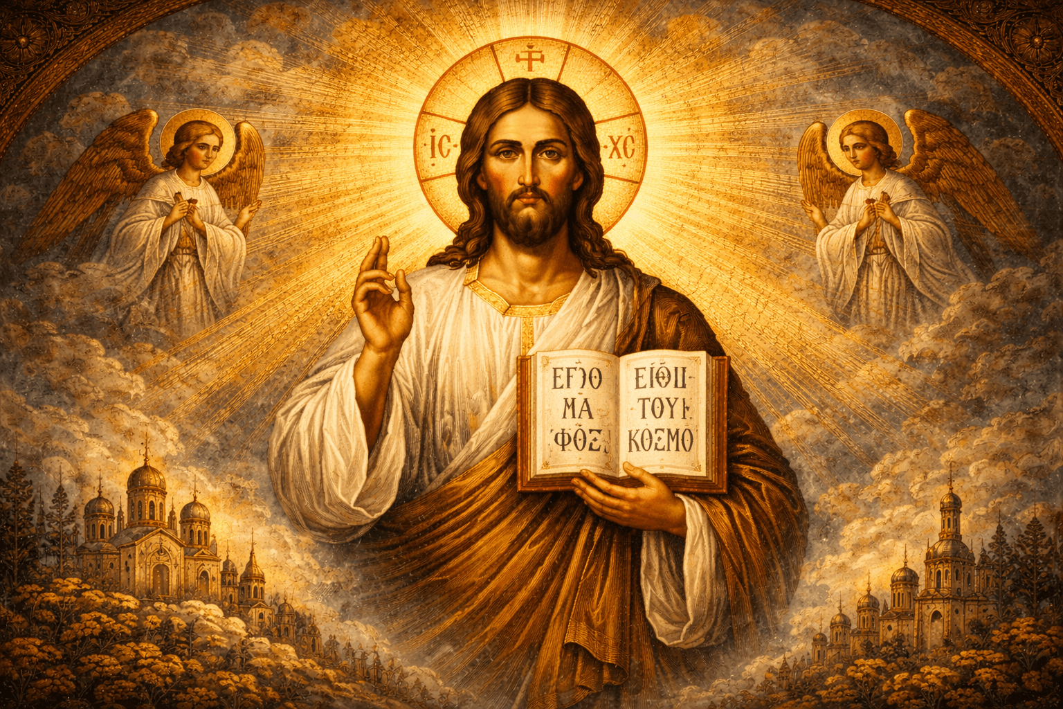 Who is Jesus Christ Byzantine Christian image of Jesus holding the Gospel with angels and golden light, symbolising the Son of God, divinity and the identity of Christ.