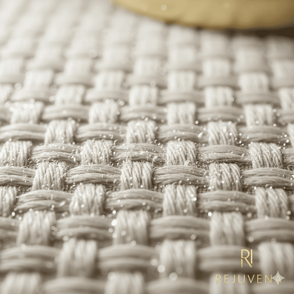 Nahaufnahme eines hellen Stoffgewebes mit Wassertropfen