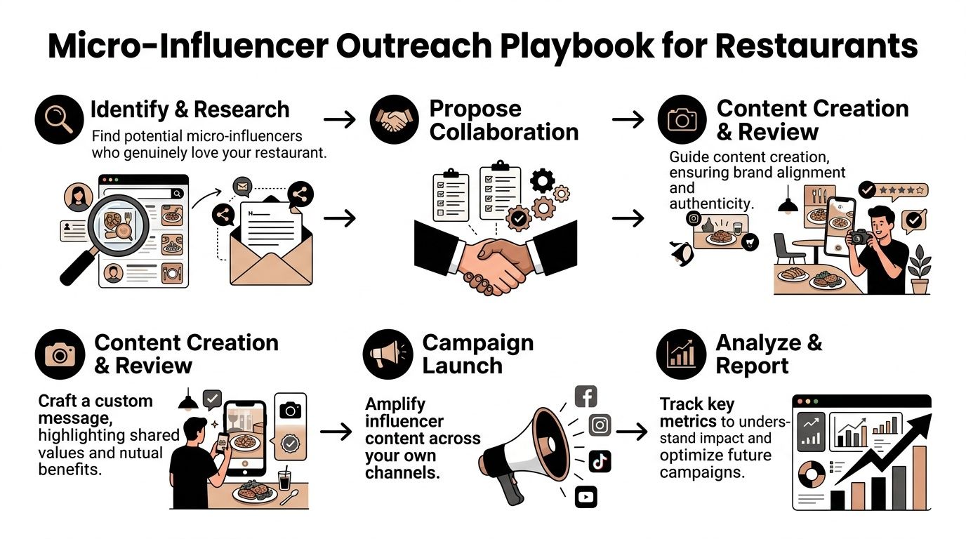 A step-by-step infographic titled Micro-Influencer Outreach Playbook for Restaurants explaining the influencer marketing campaign process.