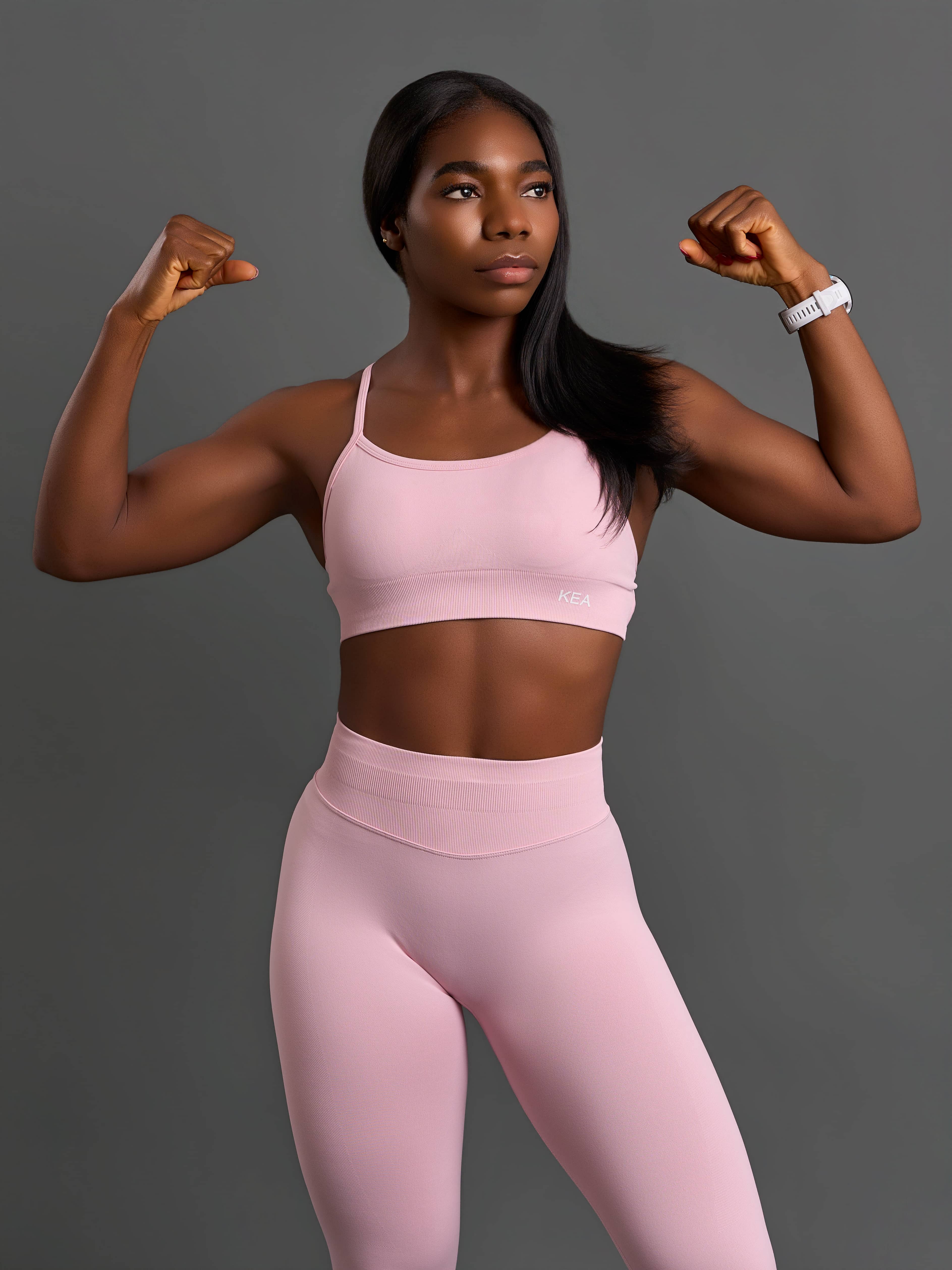 Dynamic activewear portrait highlighting motion, flexibility, and confidence