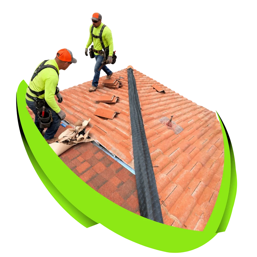 Roofs 4 Less crew completing a roof replacement on a Fresno home with service vehicle nearby