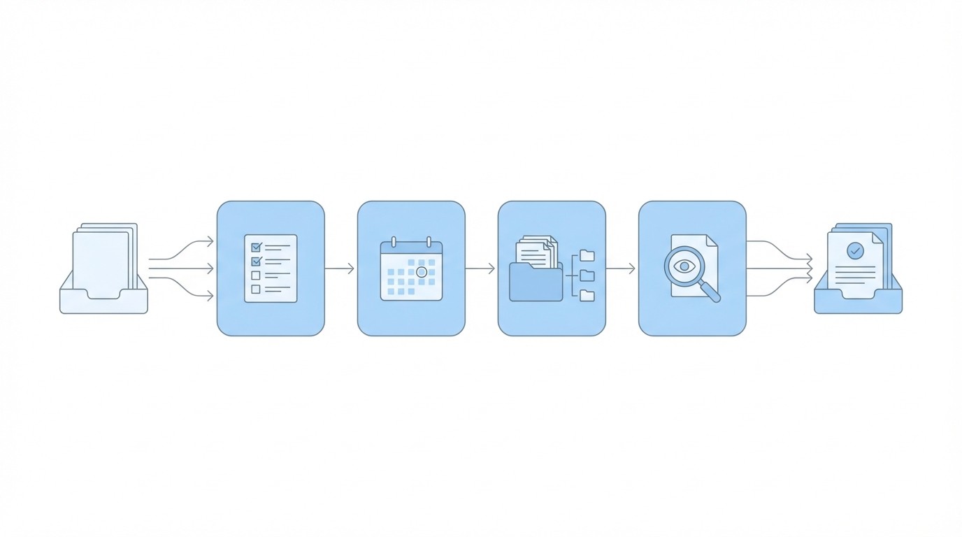 Workflow diagram: document input flowing through checklist, calendar, file management, review, to completed output