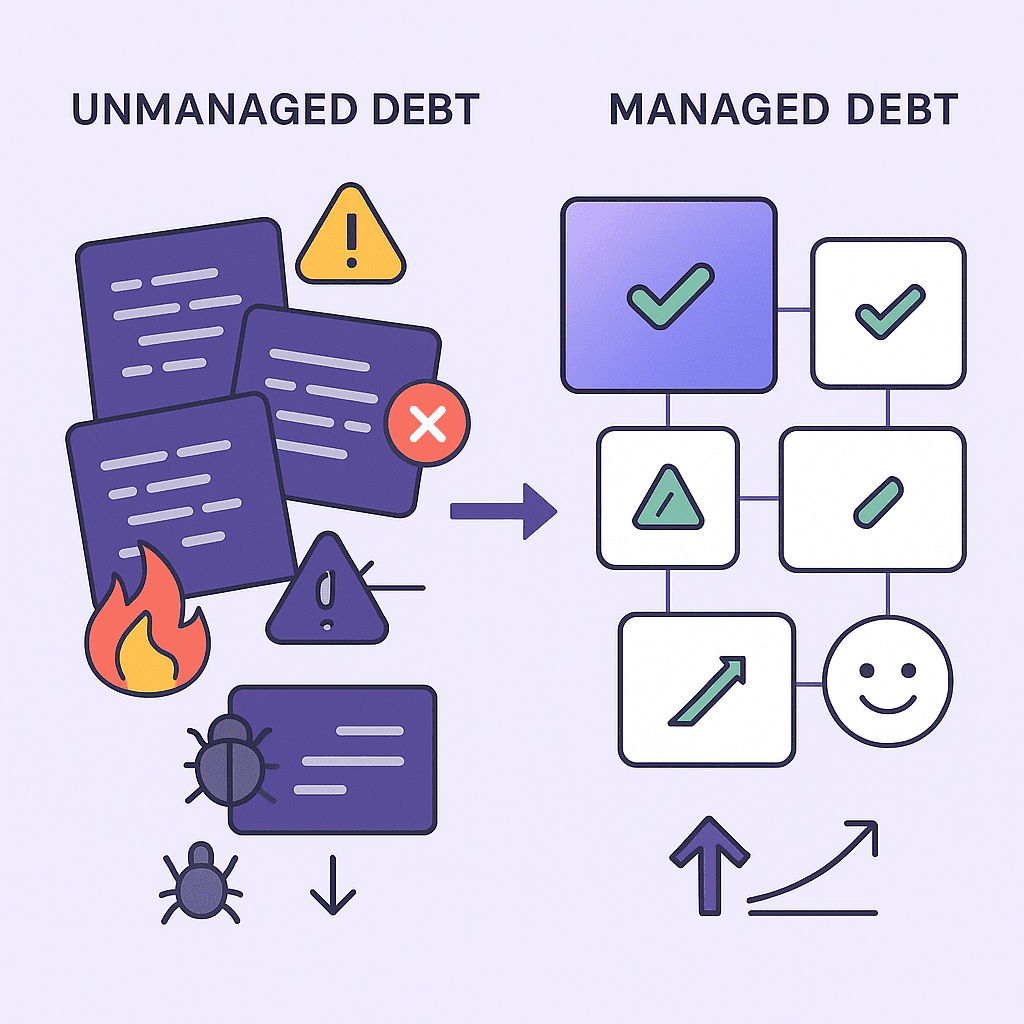 Comparison of unmanaged versus managed technical debt showing messy, risky code on one side and clean, stable systems on the other.
