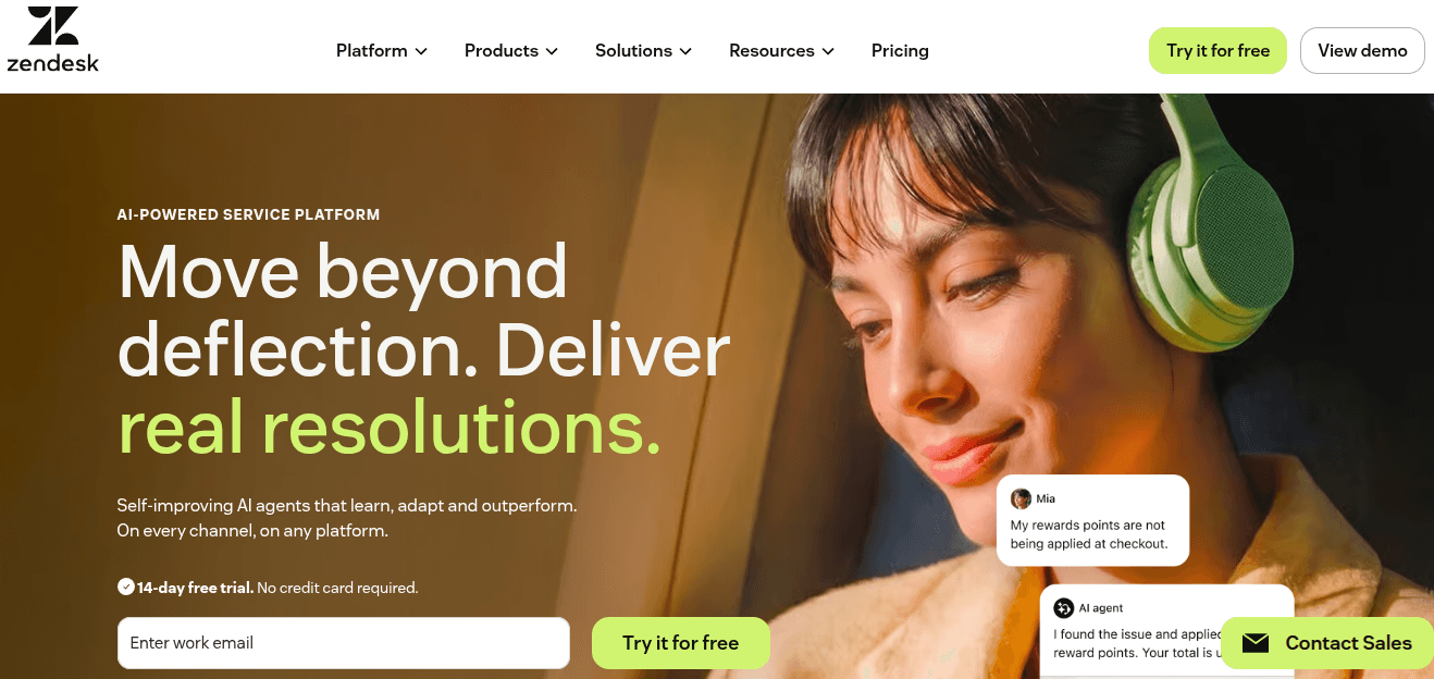 Zendesk homepage showing AI-powered service platform with self-improving AI agents across every channel