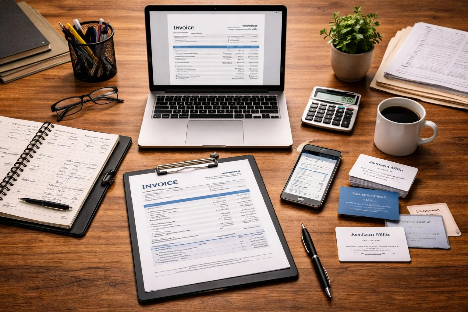 Desk scene with freelance tools including a laptop, planner, invoices, and business cards, representing self-employed work.