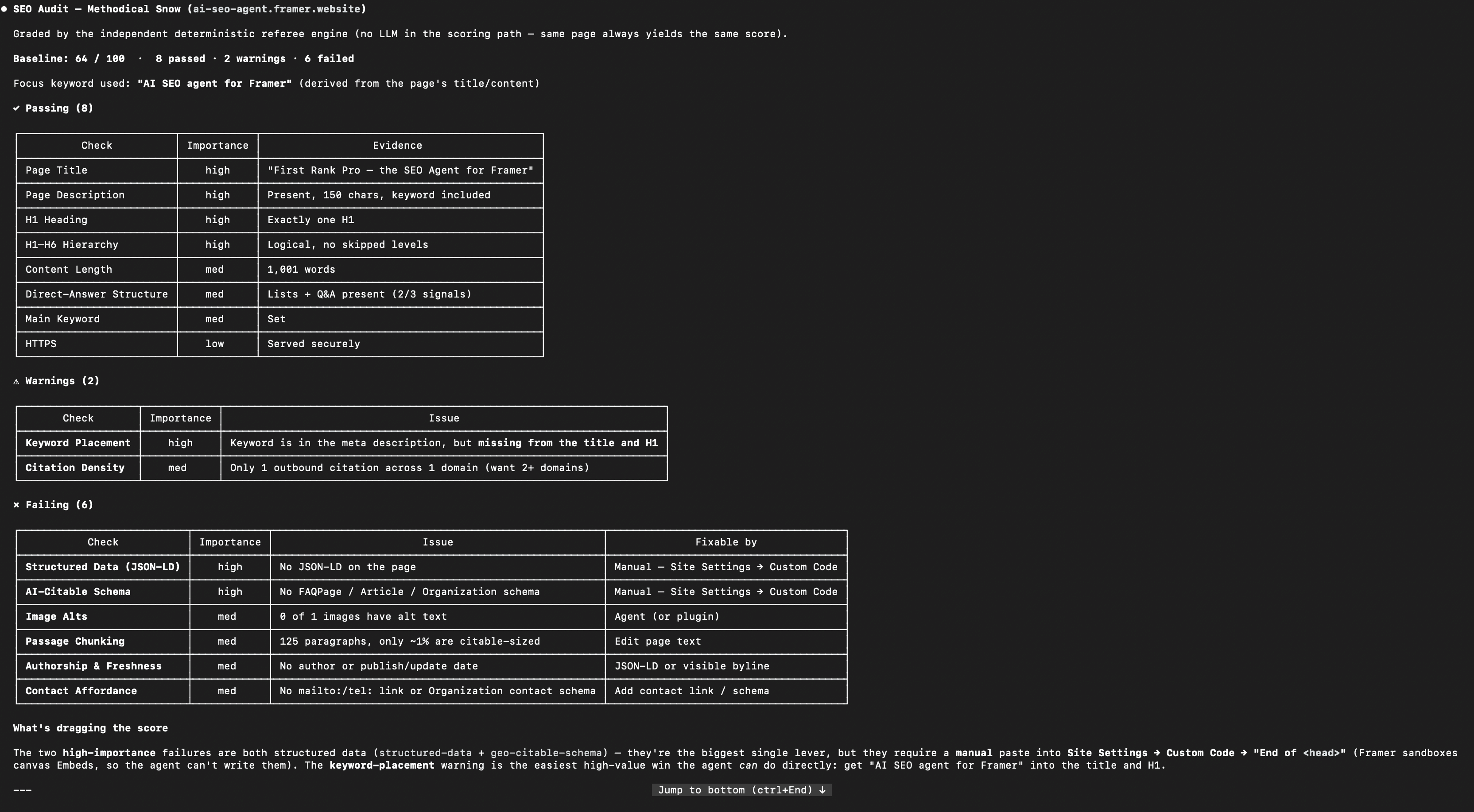 First Rank Pro SEO audit output: 8 passed, 2 warnings, 6 failed