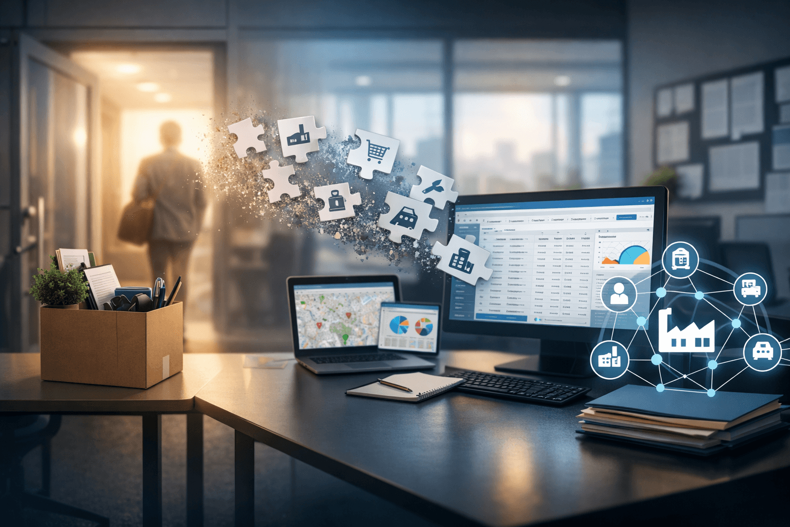 Ambiente de escritório moderno em estilo 3D realista. À esquerda, uma mesa com caixa de itens pessoais e, ao fundo, uma pessoa desfocada saindo pela porta. No centro, peças de quebra-cabeça com ícones de vendas e clientes se desintegrando no ar. À direita, um setup organizado com monitor exibindo sistema de gestão, gráficos e uma rede conectada de clientes, representando dados centralizados e continuidade operacional.