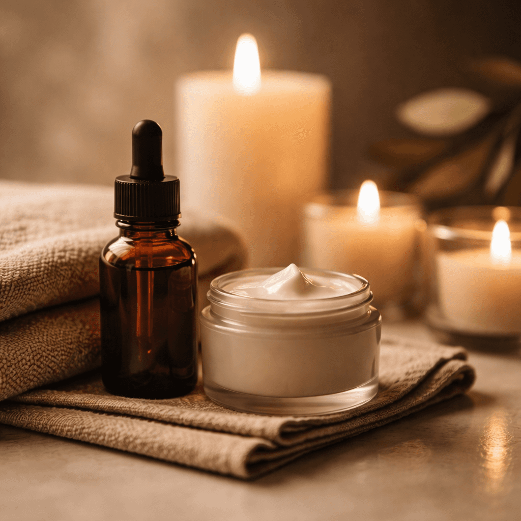 Minimal evening skincare setup with cream jar, dropper bottle, and candles in warm light.