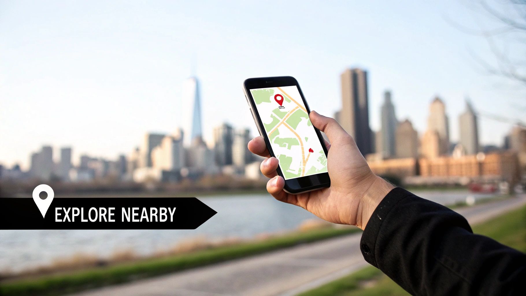Close-up of a hand holding a smartphone showing a map and a city skyline with 'EXPLORE NEARBY'.
