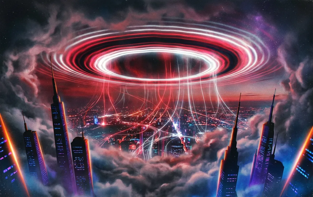 Futuristic cityscape by RockN' Socials, highlighting digital marketing agency.