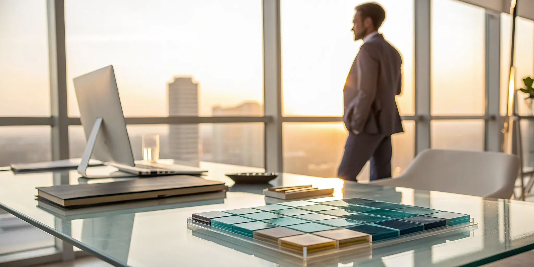 Businessman planning a custom structured notes investment in an office at sunset.