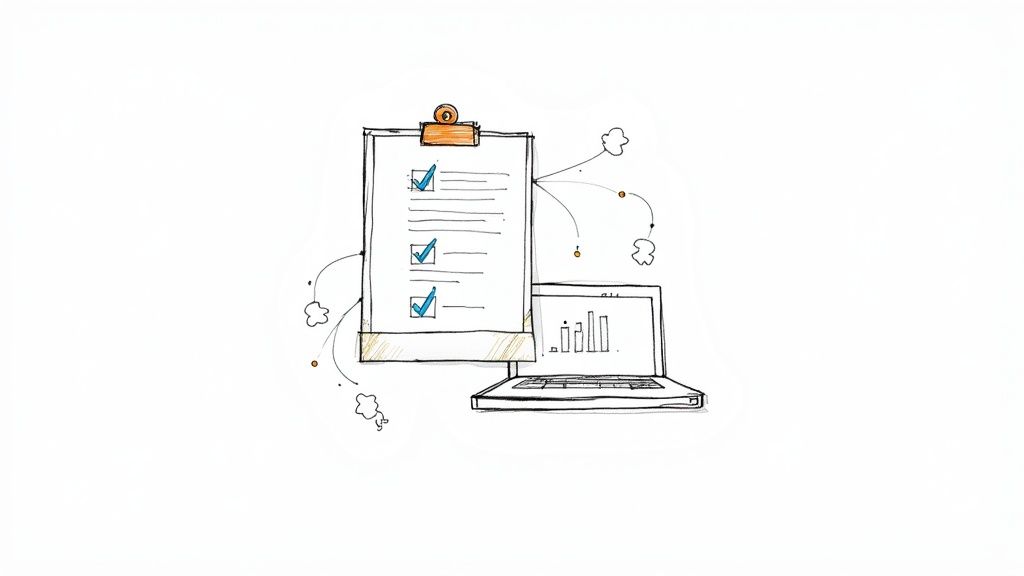 A hand-drawn illustration of a clipboard with a checklist and a laptop displaying a bar chart.