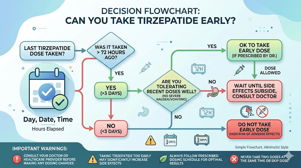 Decision flowchart for taking tirzepatide 2 days early safely