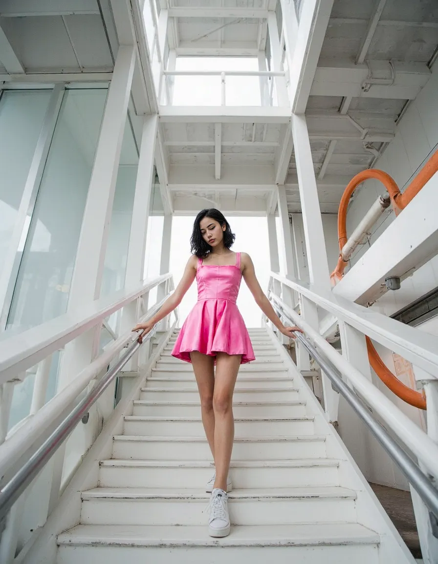 A bright pink dress stands out against white industrial staircase architecture, creating a striking minimalist fashion composition