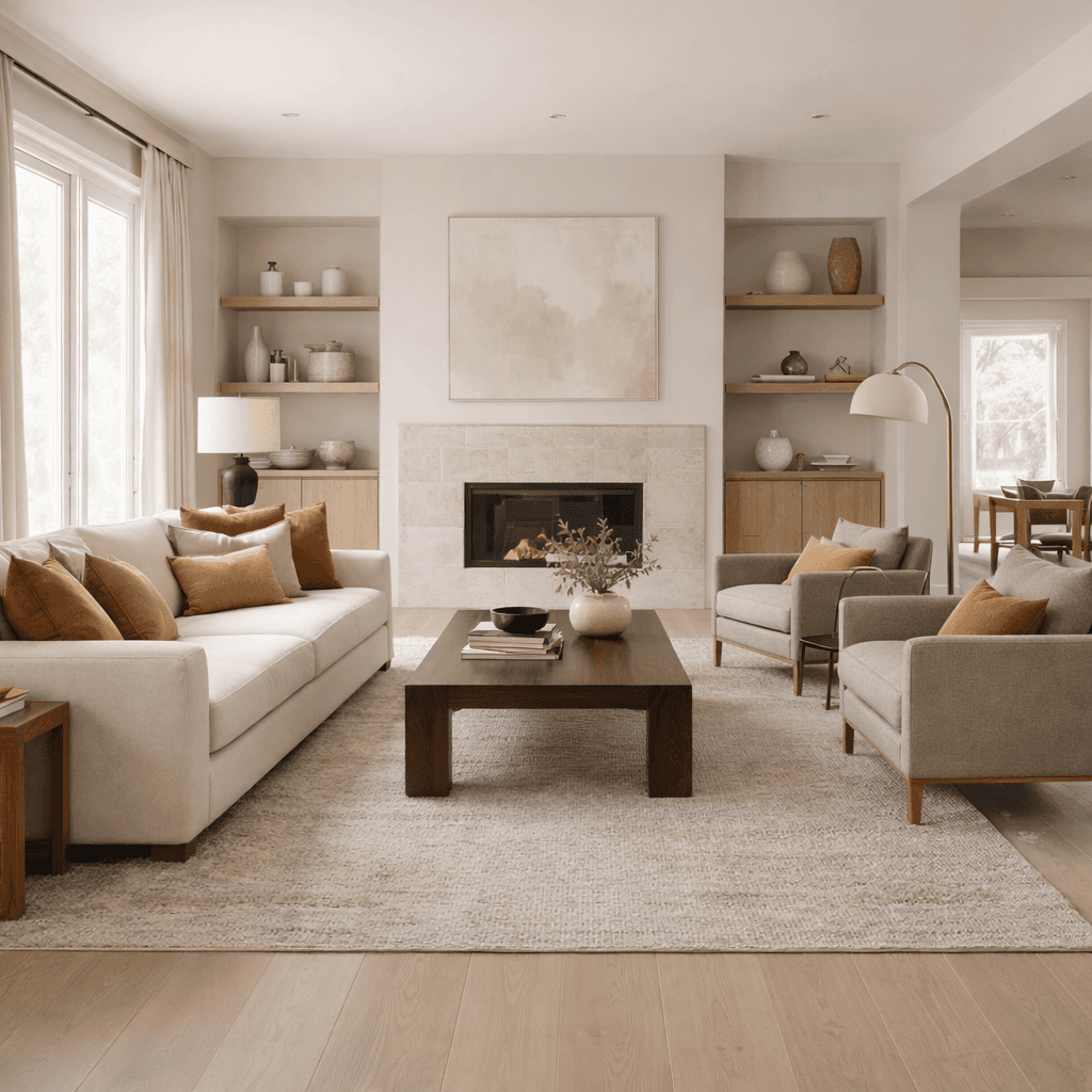 Warm transitional living room with cream sofa, walnut coffee table, large neutral textured rug, camel accent pillows, built-in wood shelving, and modern fireplace.