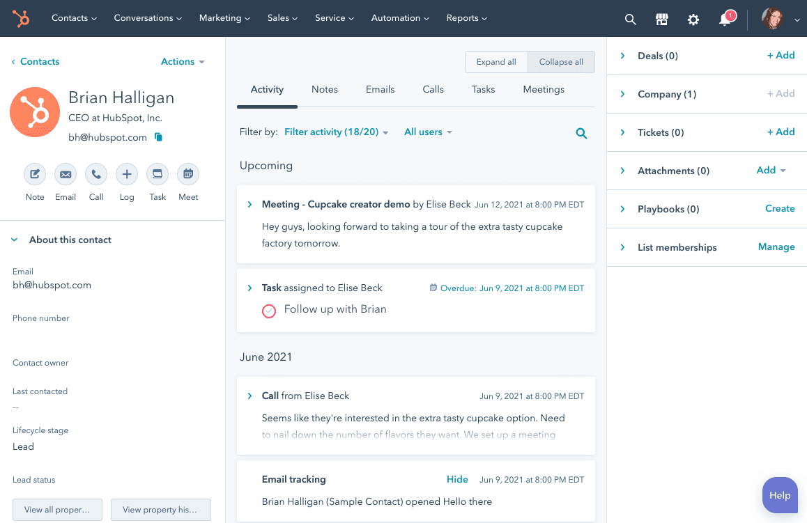 interface of Hubspot CRM system