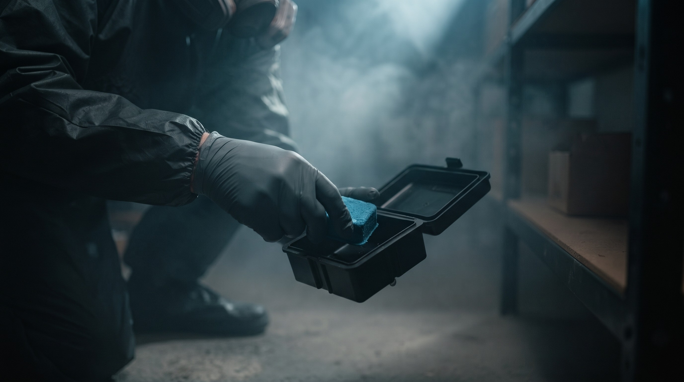 Specialist placing rodenticide bait inside a bait station – professional rodent contro