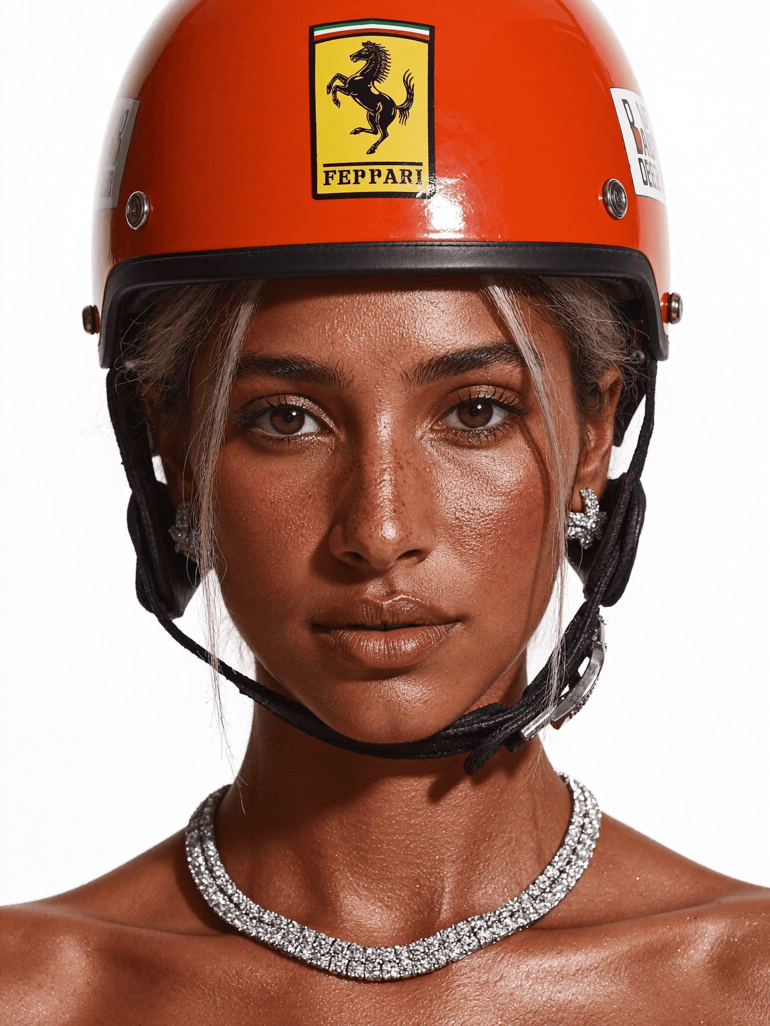 AI influencer portrait wearing an orange racing helmet