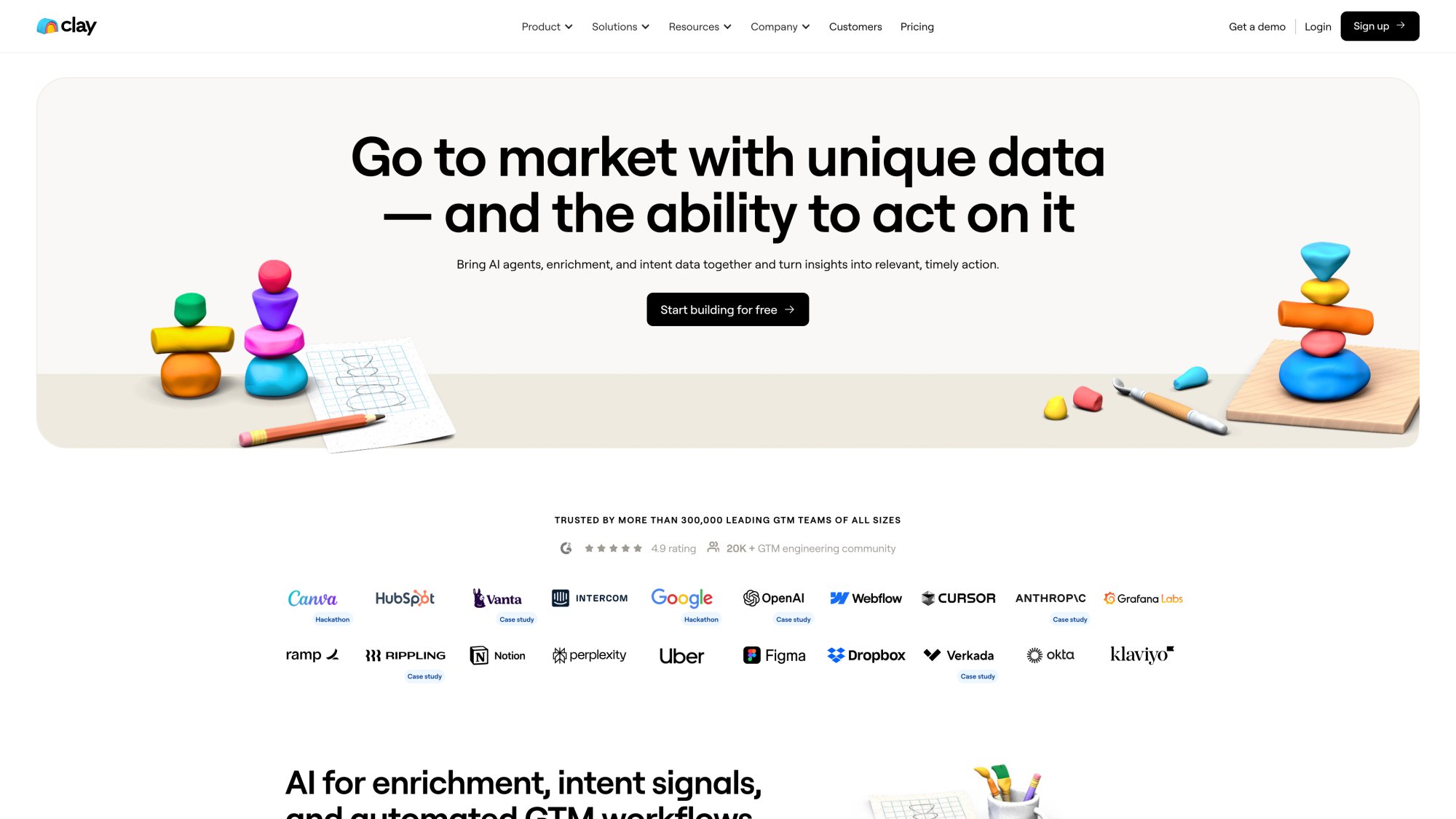 Clay homepage showcasing their AI-powered enrichment platform with 75+ data provider integrations