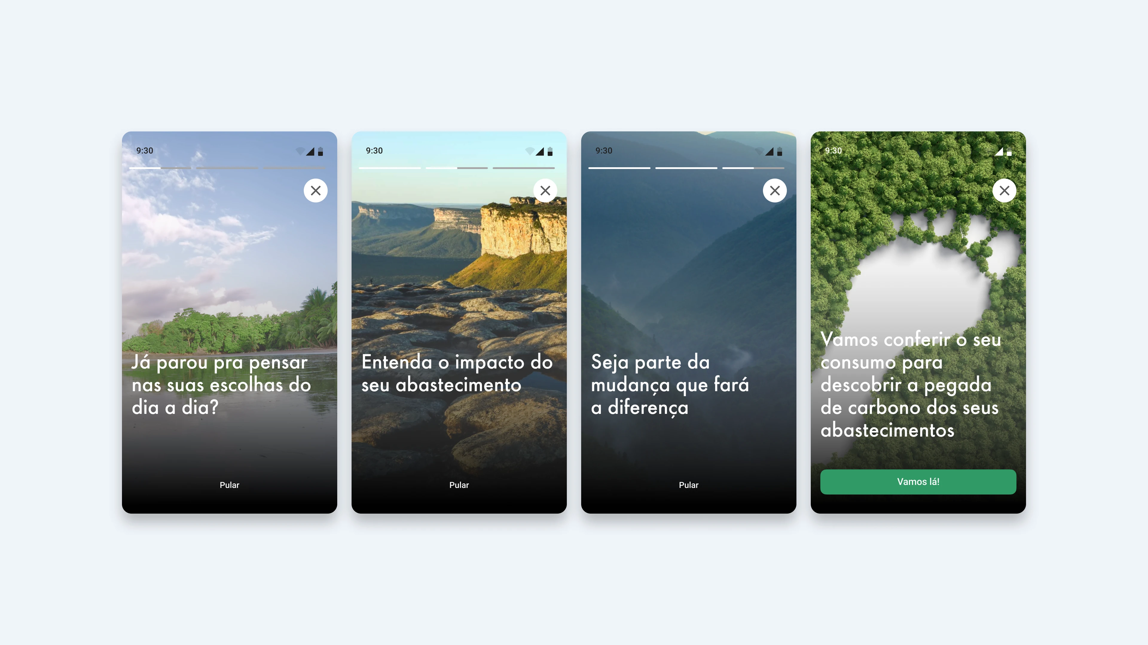 Onboarding sequence with four mobile-format cards. Each card features nature-related background images (sky, mountain, ocean, forest) with dark gradient, motivational texts about environmental impact, and skip button. Last card has green action button "Let's go".