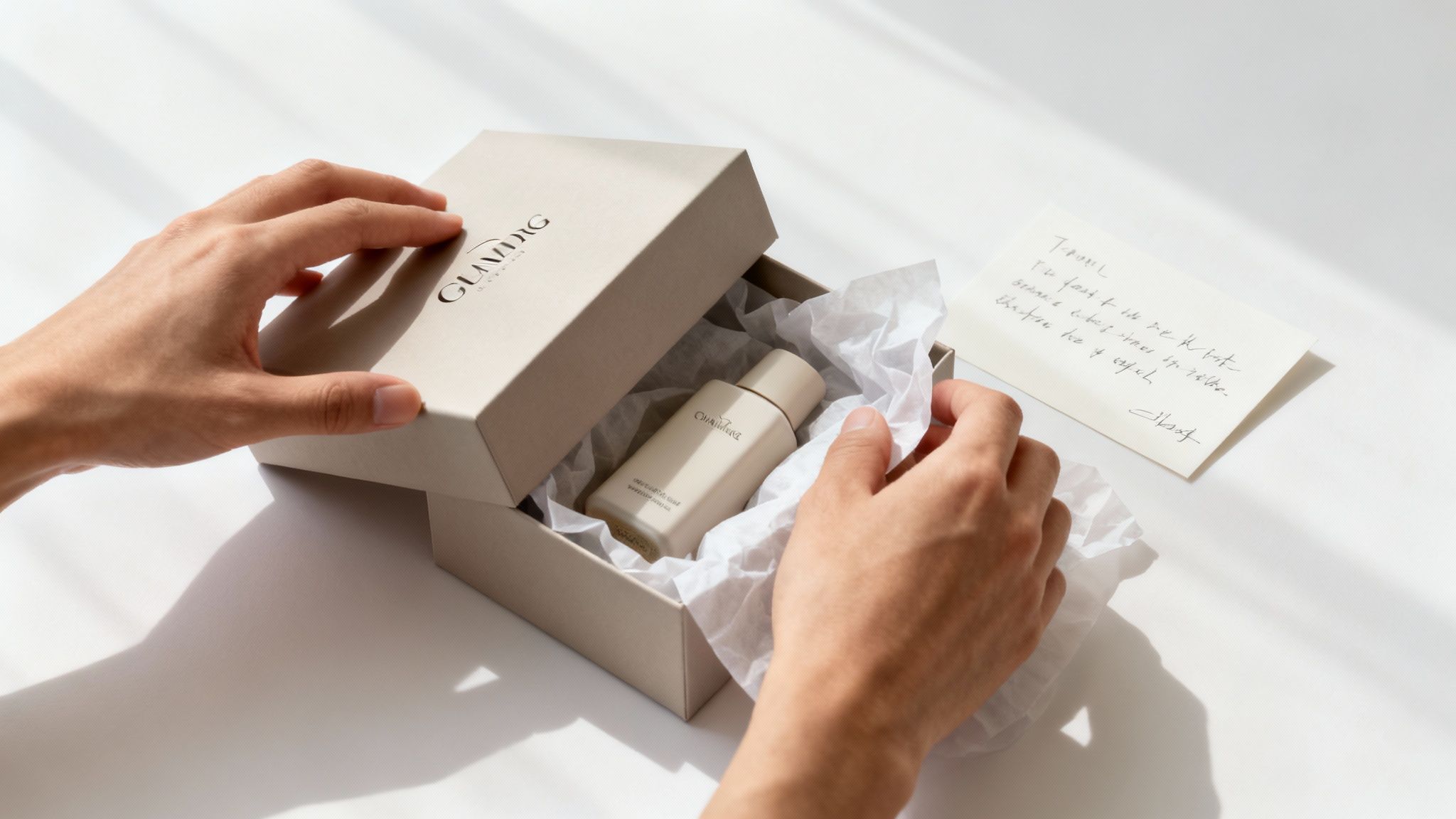 A thoughtfully arranged gift box with branded products, ready to be shipped.