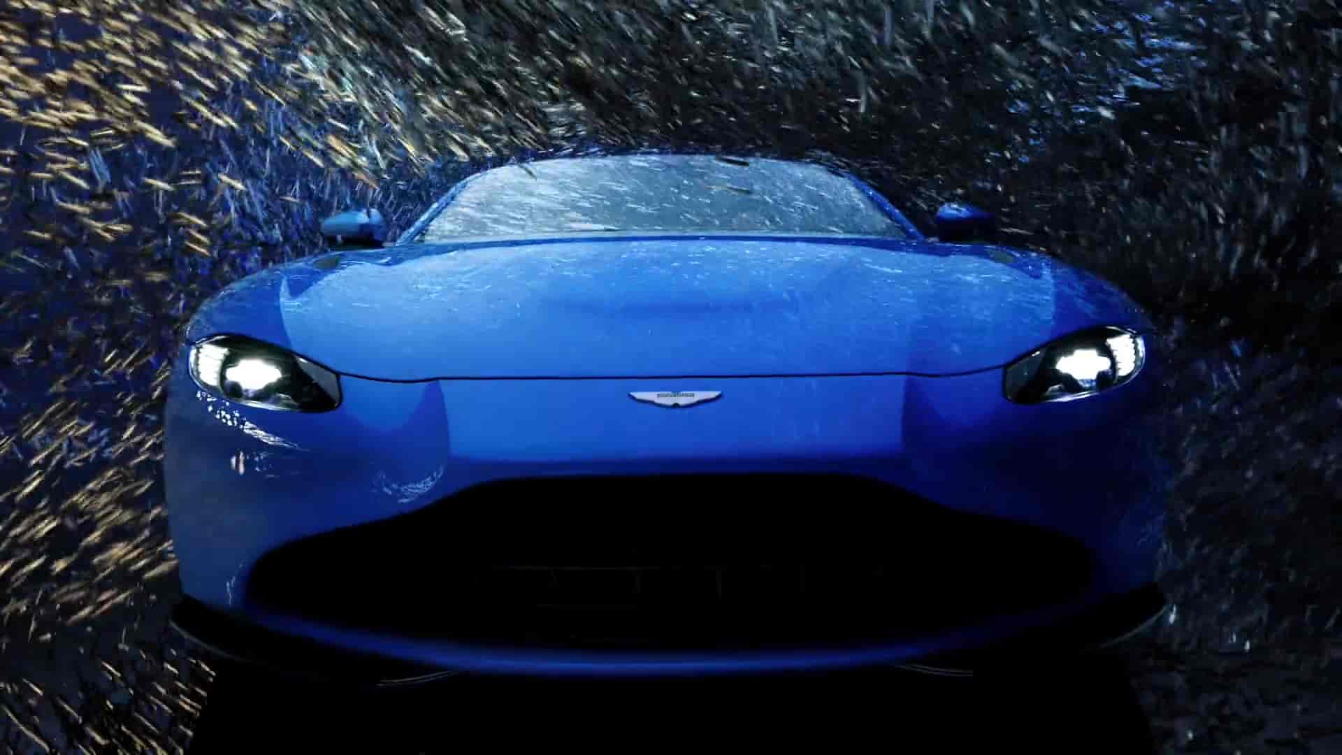 Mainframe luxury work: blue Aston Martin car in a cinematic sculpted CGI style for premium automotive brand storytelling.