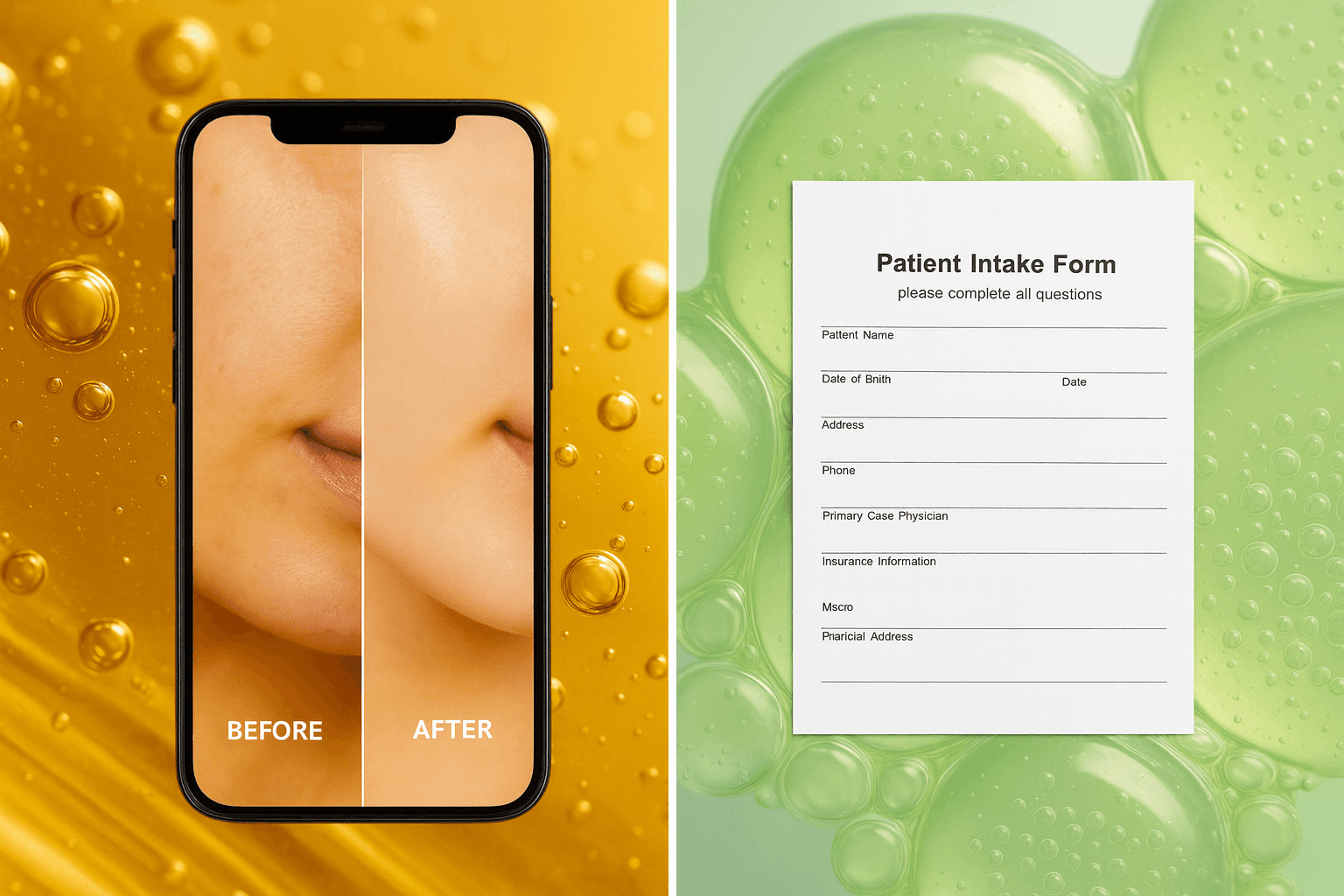 Illustration contrasting a social media before-and-after post with an empty clinical trial form