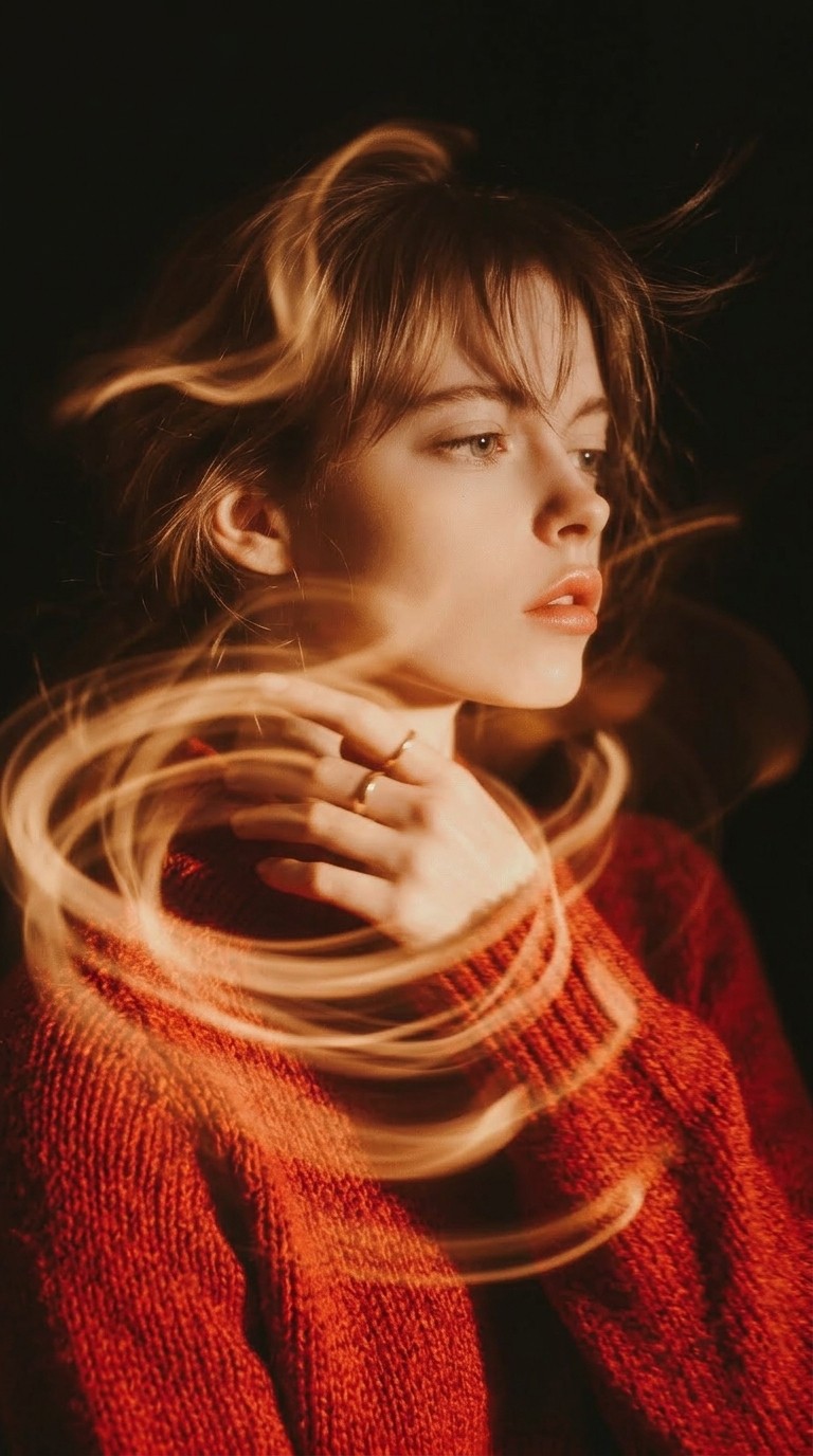 Soft focus portrait of a woman with long hair in warm lighting