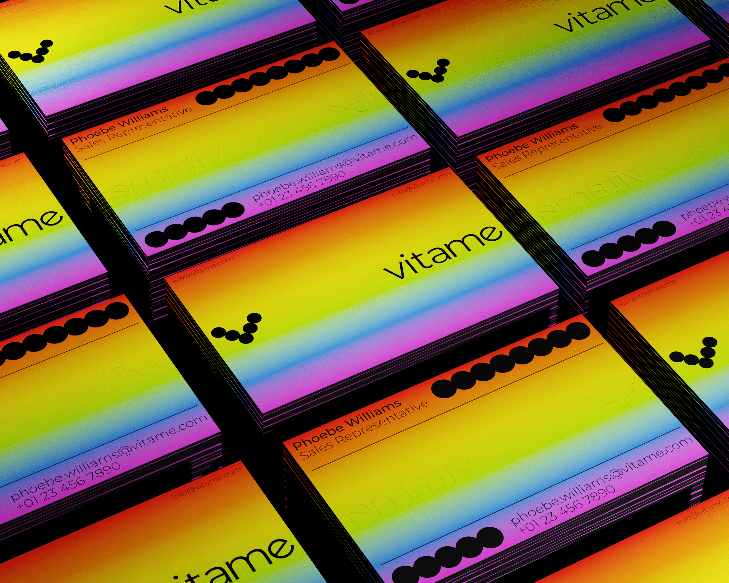 A mockup of Vitame's business card design, featuring the logo and contact details in black against a vibrant rainbow gradient background.