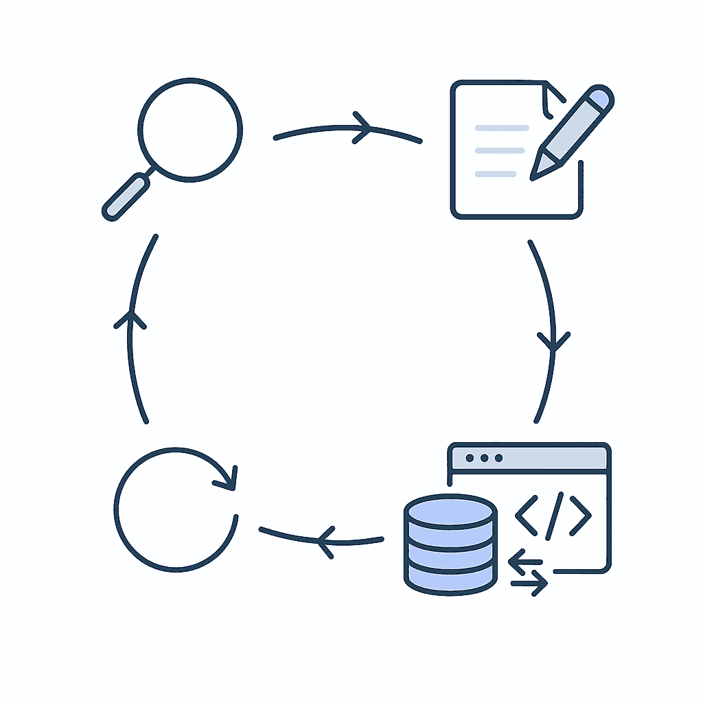 Circular flow diagram of four icons illustrating Relixir’s gap detection, generation, bi-directional CMS sync, and the &nbsp;