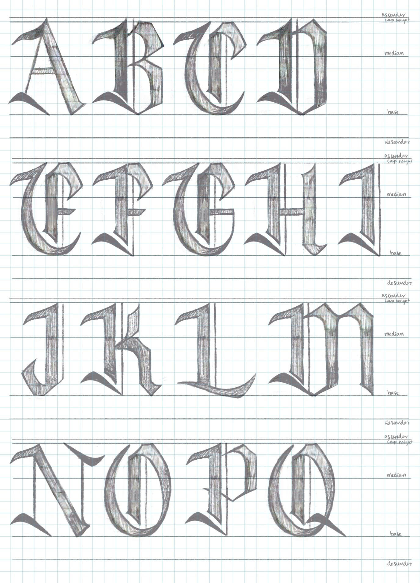 Refined sketches of uppercase blackletter letters