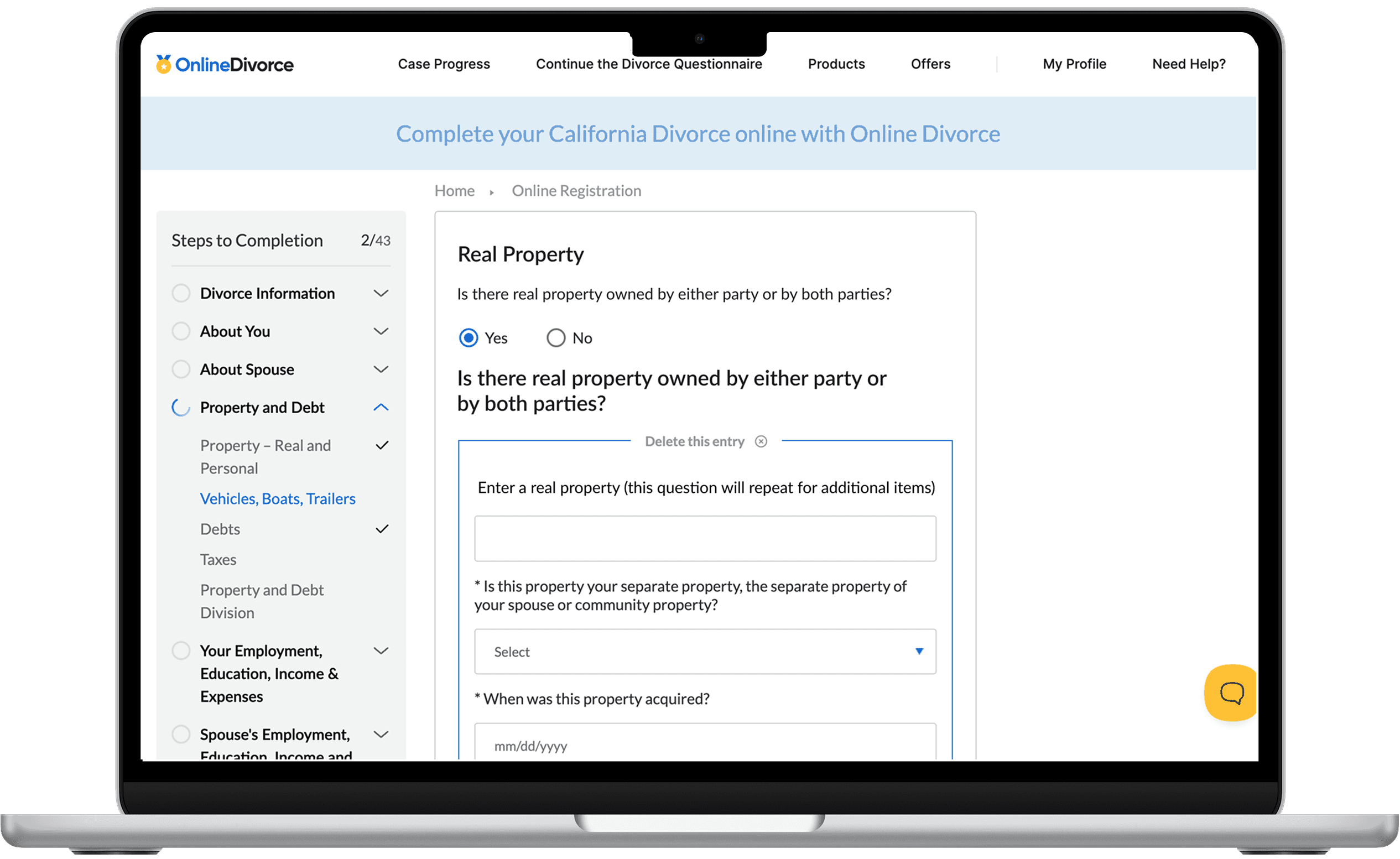 OnlineDivorce.com interface of digital webform questionnaire to complete divorce online