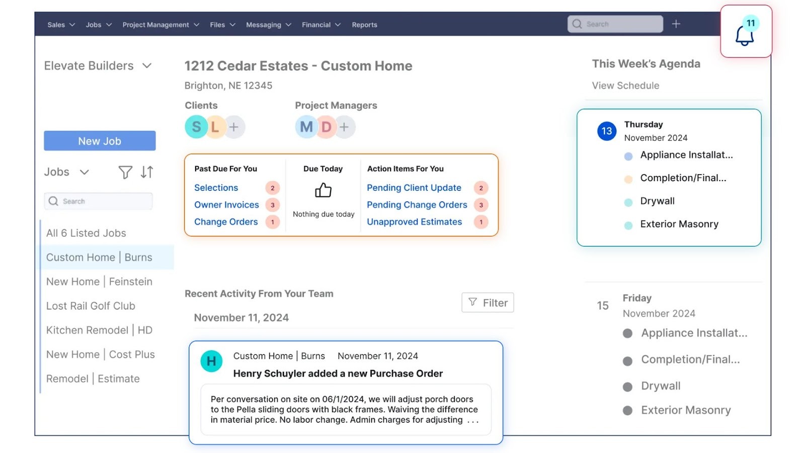 Buildertrend's project management dashboard for home builders