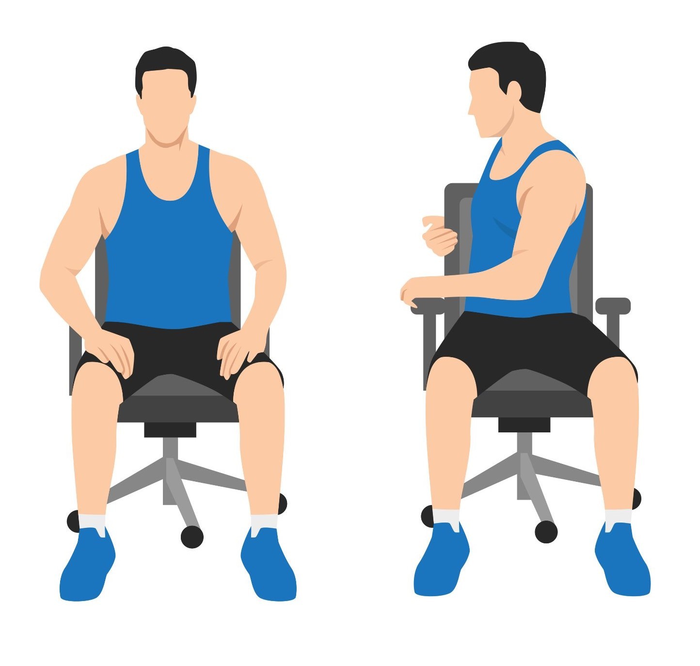 An illustration of a person sitting in an office chair performing a seated spinal twist, showing the transition from a neutral forward-facing position to a side twist.