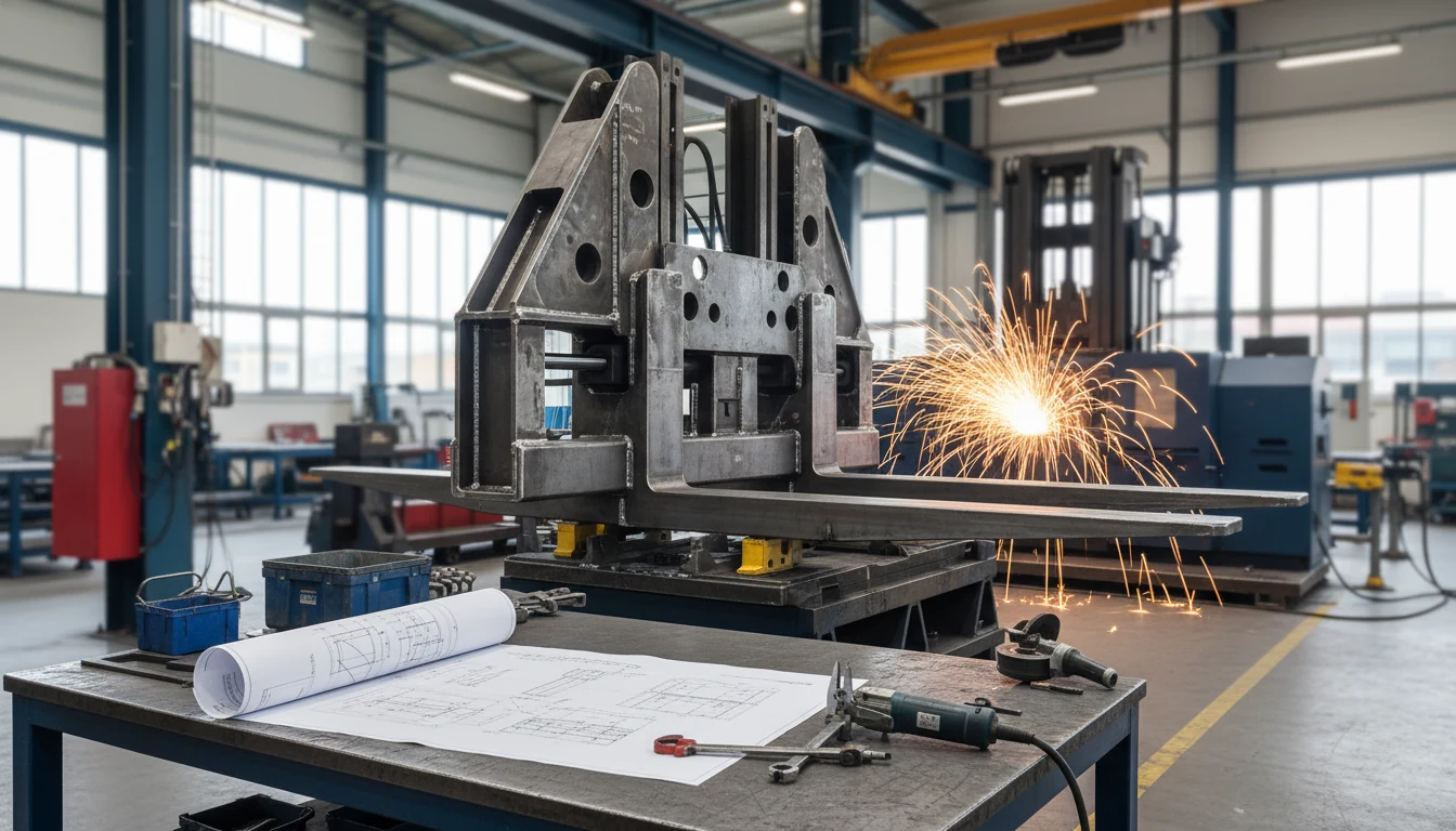 Maßgefertigtes Stahl-Anbauteil für einen Hafenstapler in der Werkstatt von Bittermann Terminal Services