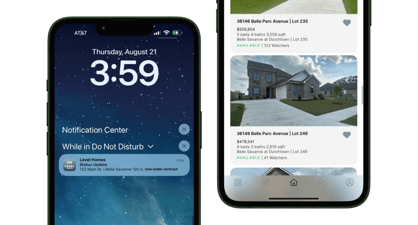 Phone lock screen with a NoviHome notification beside a phone showing home listings