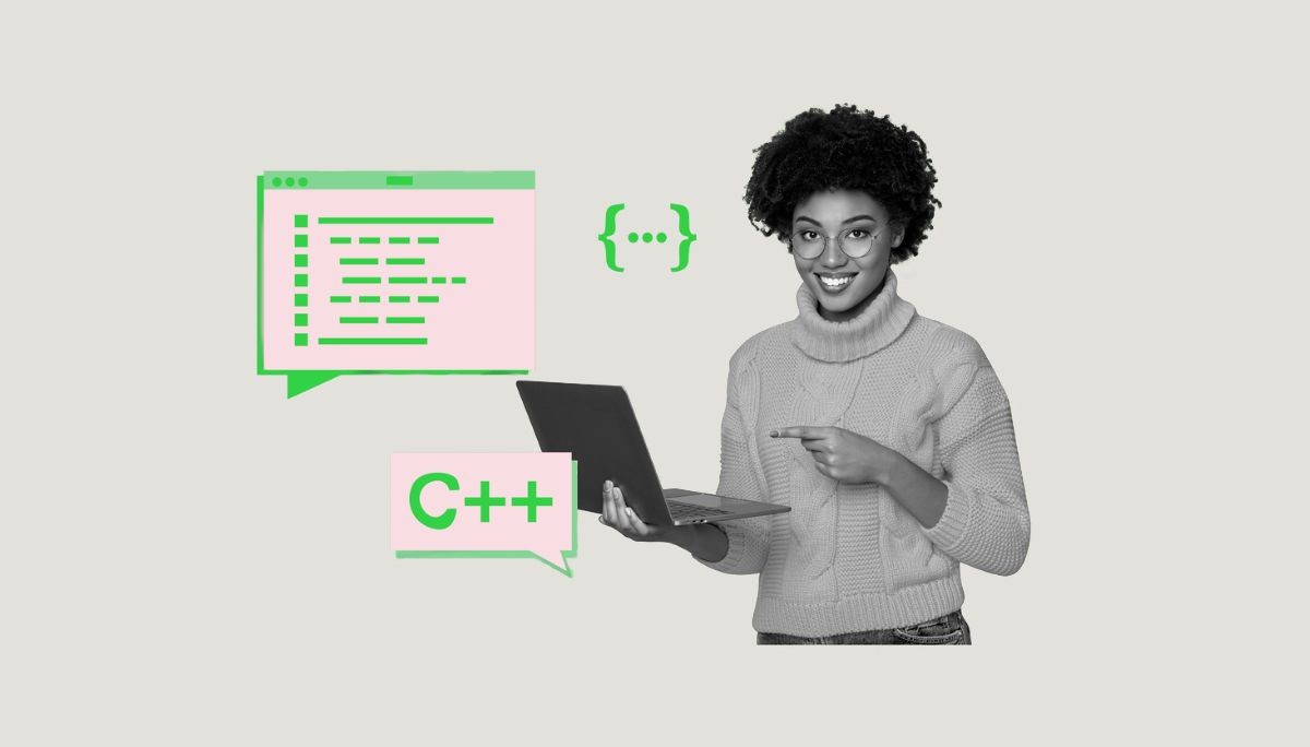 Stylized coding scene with C++ speech bubble and code window, depicting vector implementation in C++.